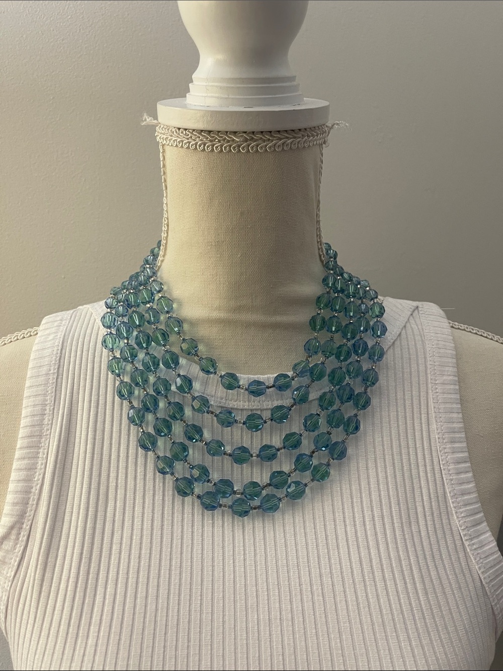 Vintage Blue-Green Glass Bead  5-Strand Necklace